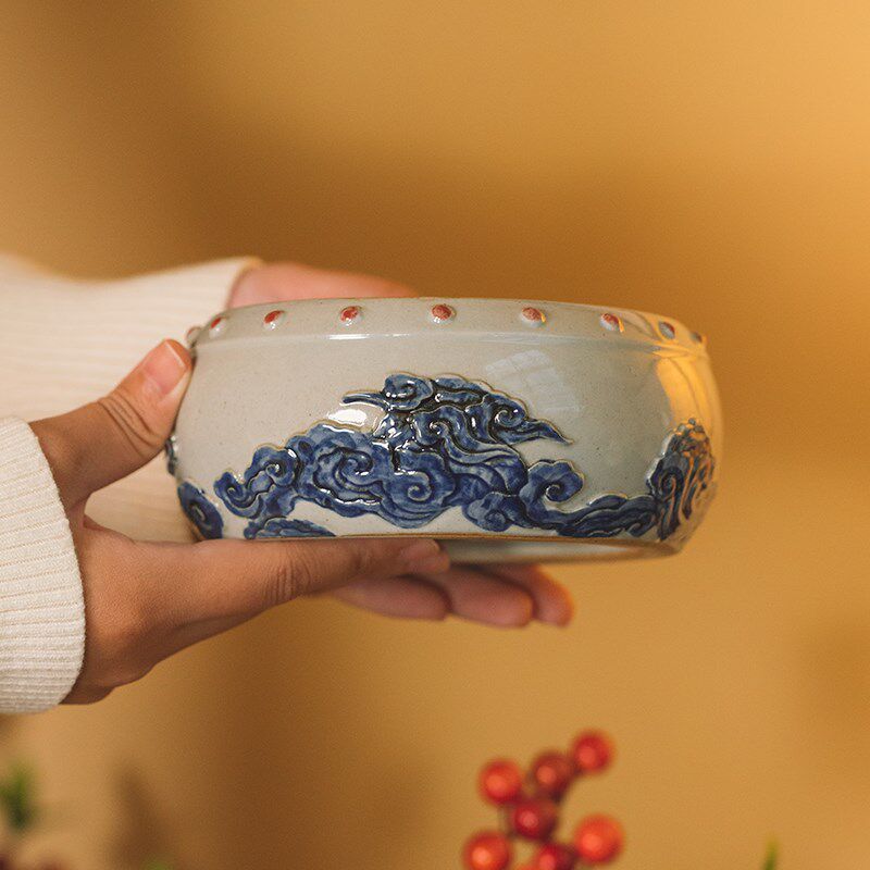 大号圆形壶承杯垫佛像底座祥云鼓陶瓷摆件客厅茶桌电视柜复古装饰