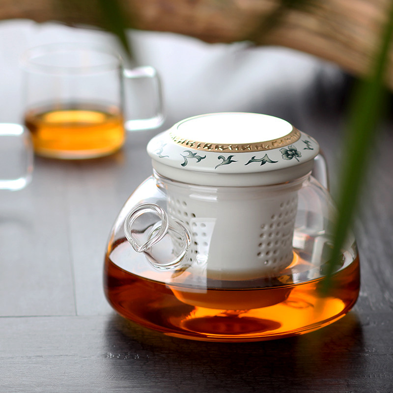 一园茶具耐热玻璃壶泡茶壶花茶壶带盖过滤红茶壶创意透明富贵金莲