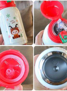 幼儿园保温水杯耶诞款两用 保温杯幼儿园宝宝双盖不锈钢水杯小学