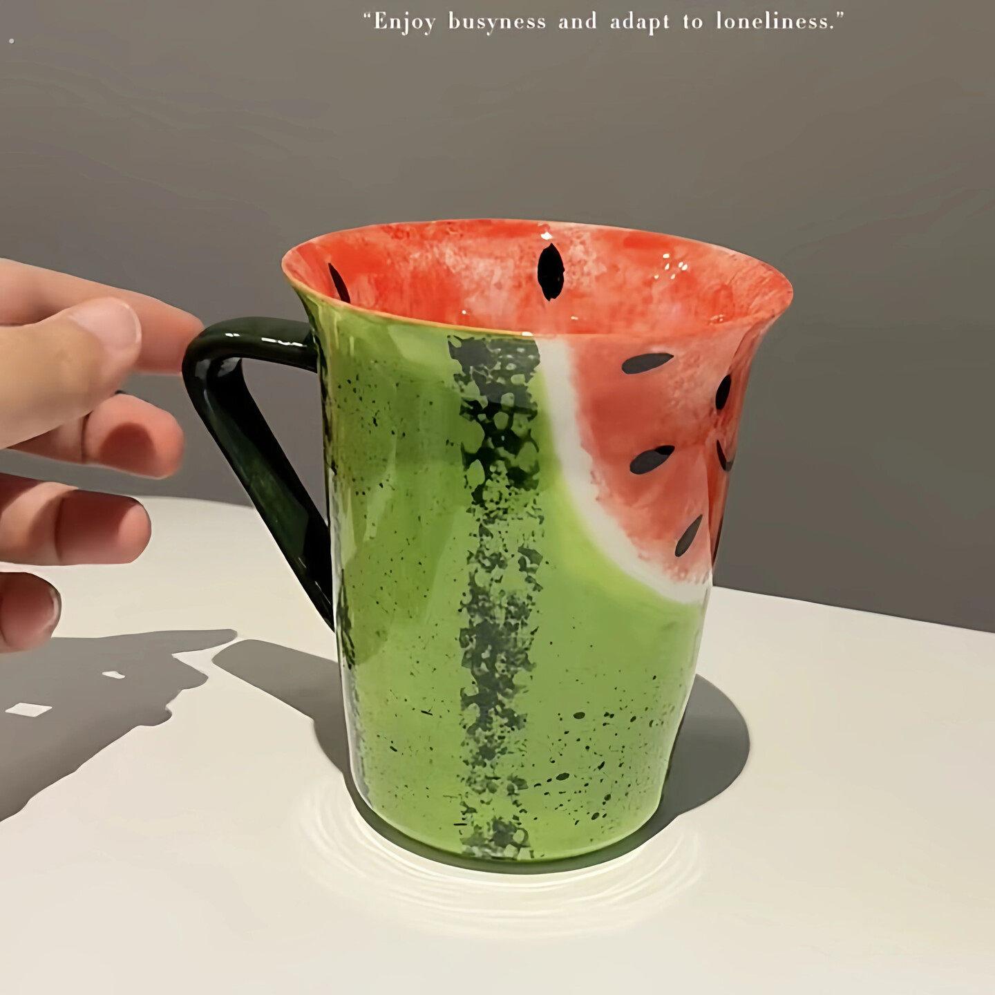 西瓜杯创意手绘陶瓷釉下彩西瓜手作杯办公室喝水情侣对杯实用礼物