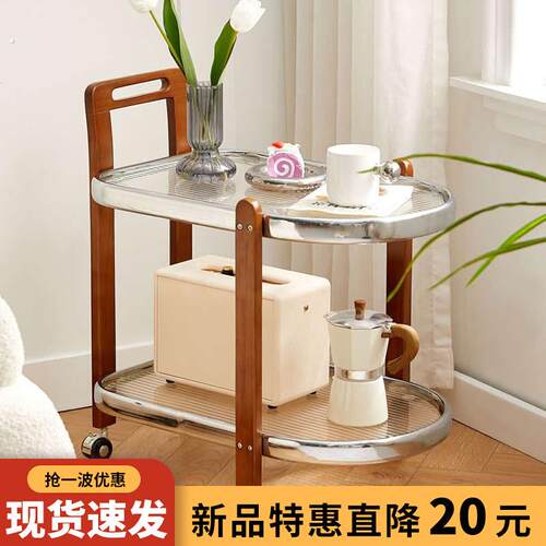 小推车实木餐车置物架中古玻璃家用复古茶几可移动沙发网红边几