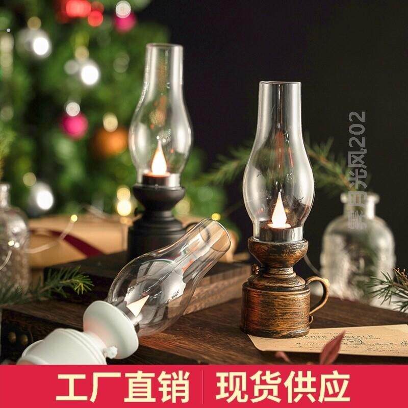 耶诞节复古发光电子煤油灯桌面摆件过年万圣节油灯场景布置装饰