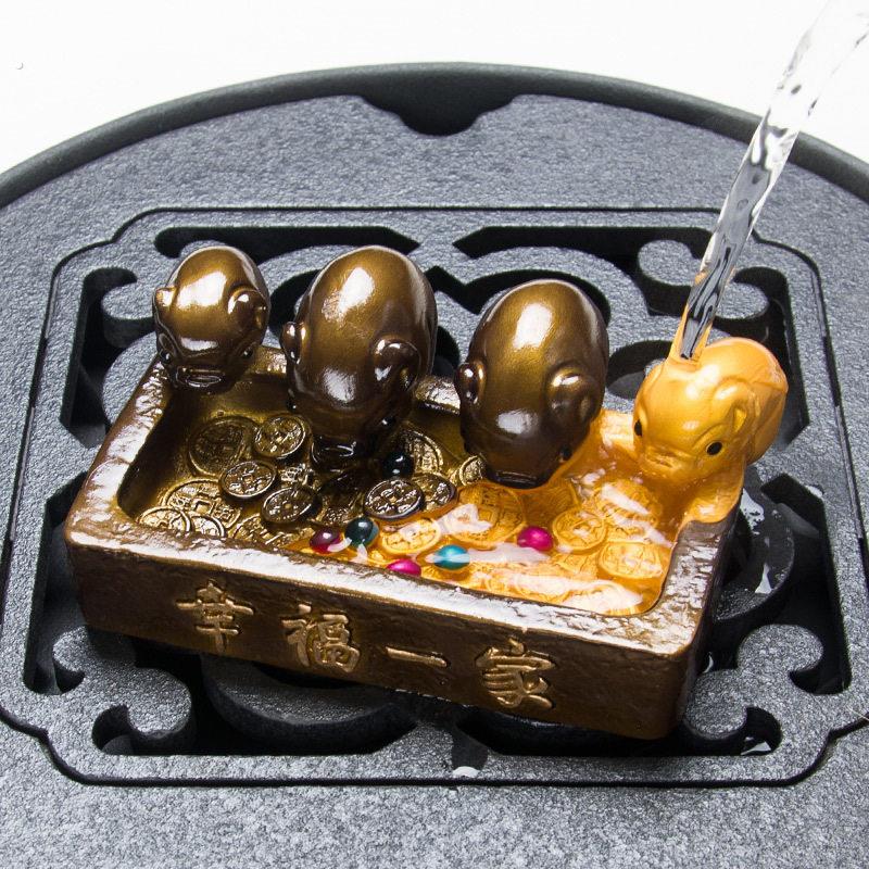 树脂创意四只猪幸福一家小猪喝水槽变色茶玩紫砂茶宠摆件创意茶玩