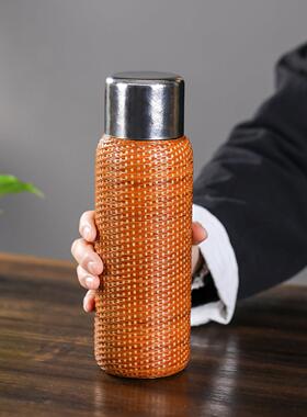 竹编保温杯纯钛焖茶杯手工藤编机械显温便携户外泡茶杯竹水杯钛杯