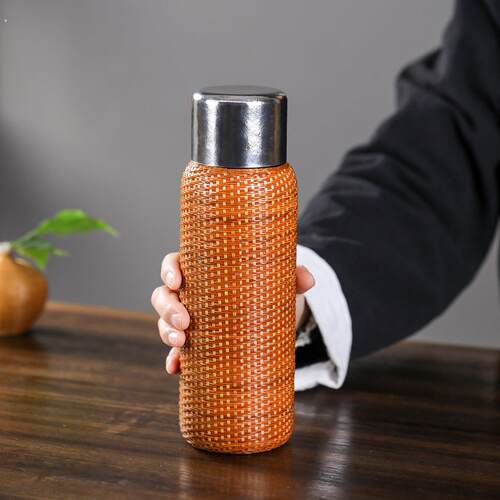 竹编保温杯纯钛焖茶杯手工藤编机械显温便携户外泡茶杯竹水杯钛杯