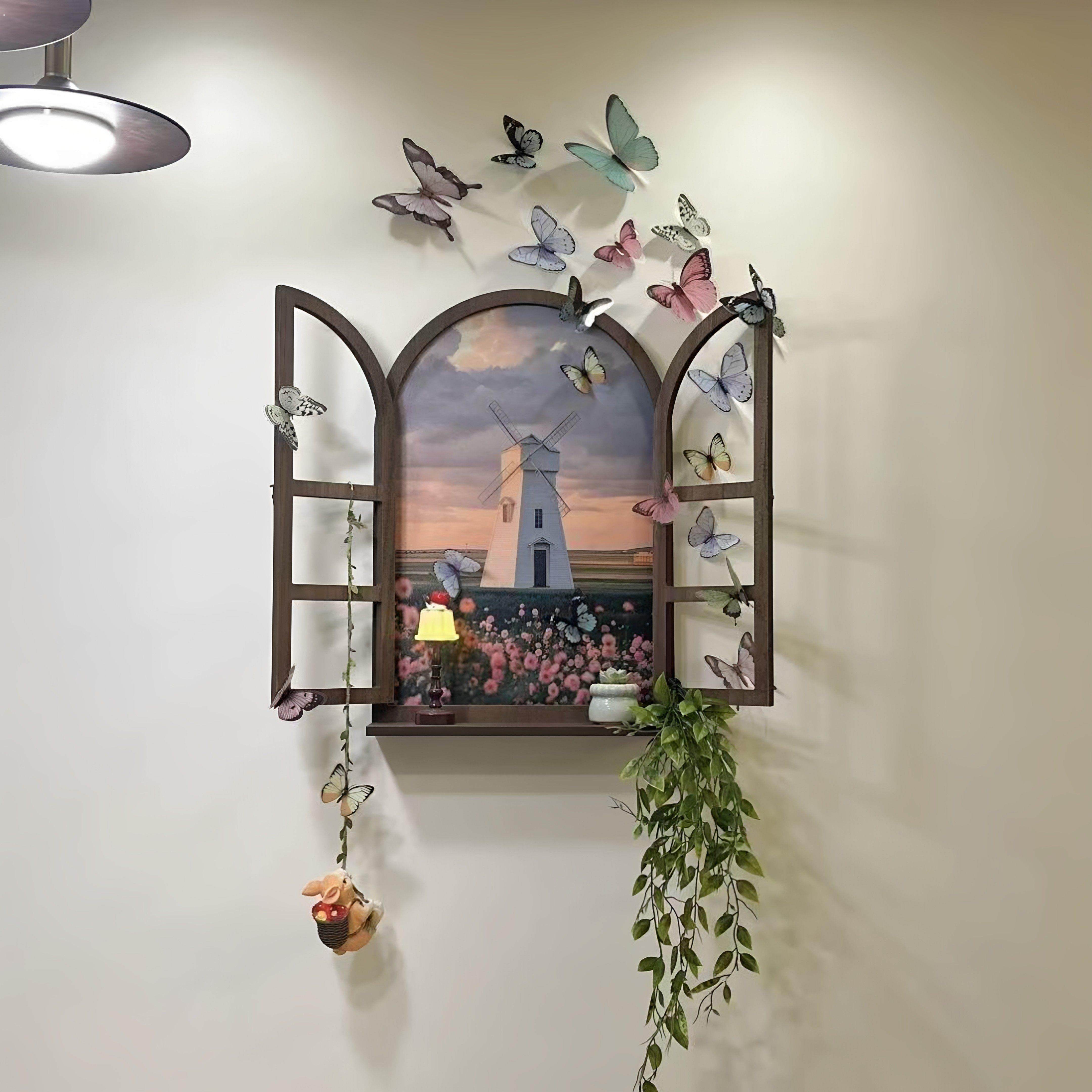 蝴蝶假窗装饰摆饰少女心卧室风景墙遮丑神器背景墙布置改造装饰画