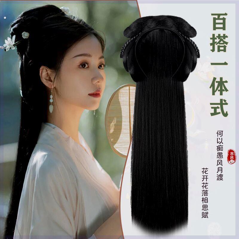 战国袍假发汉服头饰古装假发一体式懒人发箍全套发饰古风发髻盘发