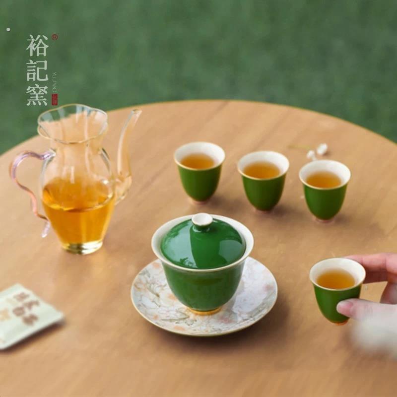 裕记窑官绿色轻奢功夫茶具套装家用办公茶室喝茶公司商务伴手礼