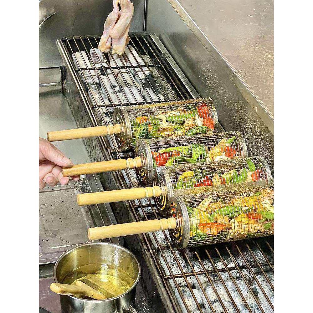 【滚动的蔬菜】烤菜笼烧烤笼烧烤网滚筒不锈钢加厚户外露营烧烤架