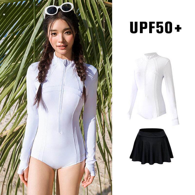 防晒浮潜连身三角长袖潜水服游泳衣女水母服游泳衣女新款白色保守