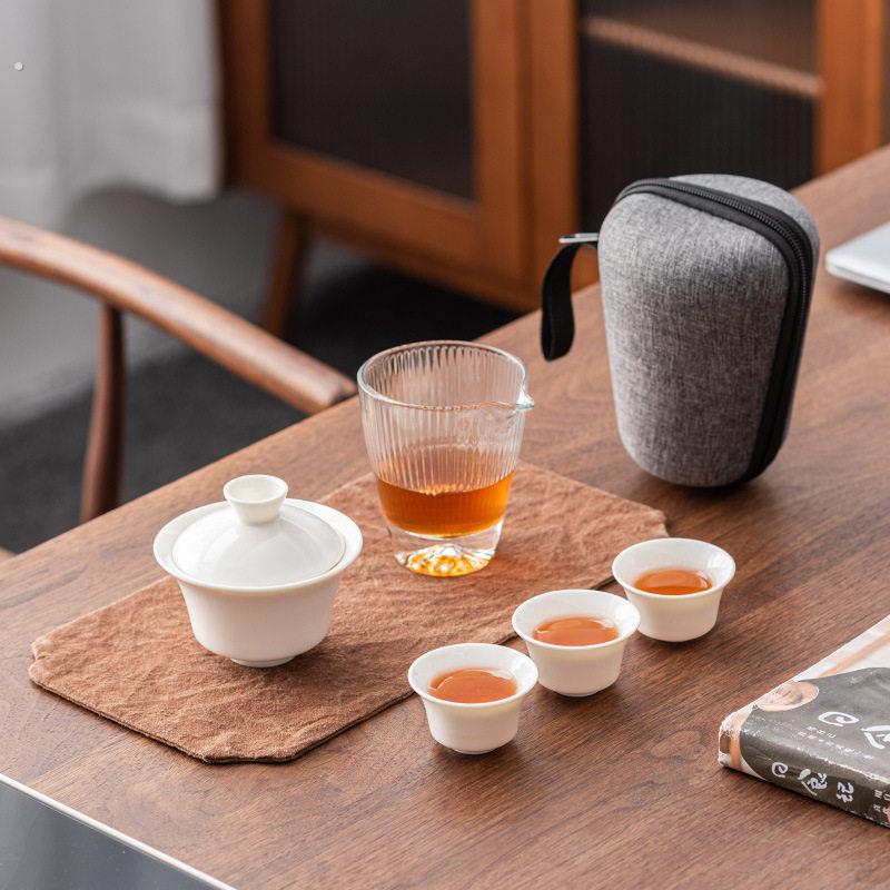 轻奢简约羊脂玉瓷高档户外旅行茶具套装快客杯一壶二三杯陶瓷礼品