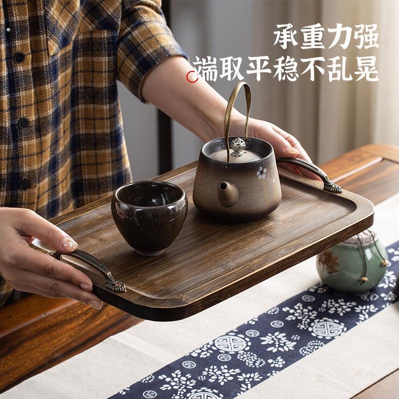 复古竹制茶盘长方形干泡茶接水盘中式家用饭厅酒店提手茶具托盘