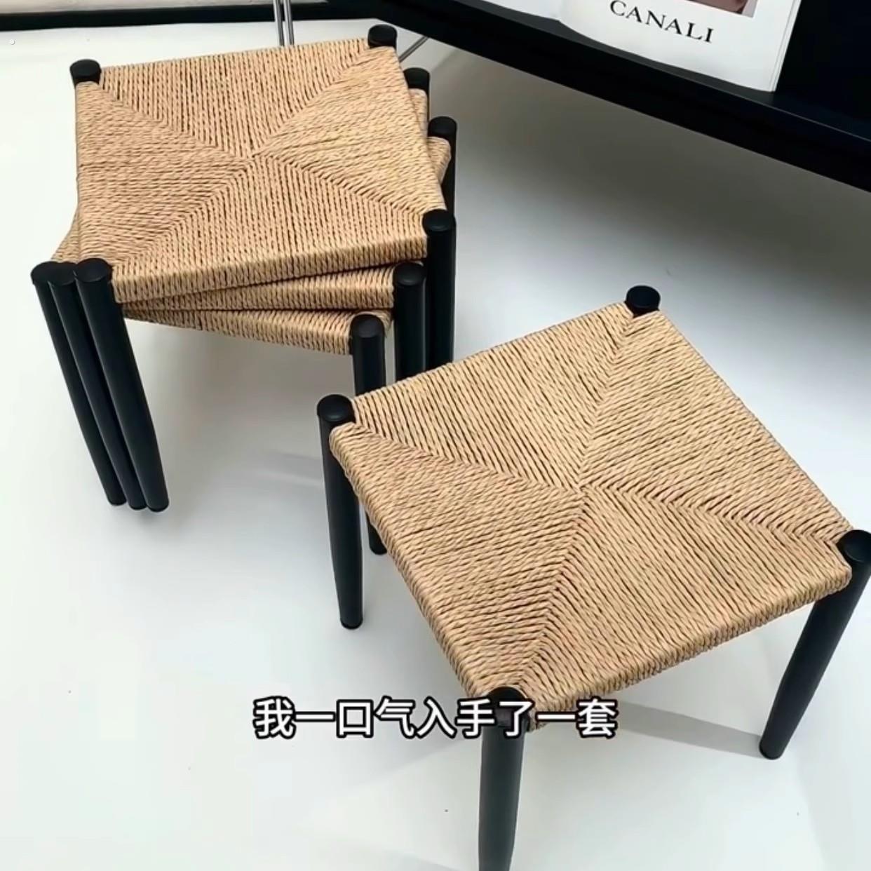 中古风仿藤编方凳家用创意简约绳编草编餐椅可叠摞铁艺矮凳
