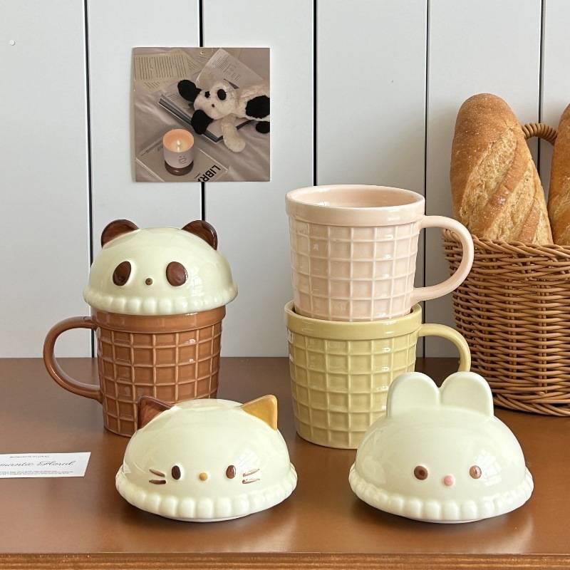 可爱冰淇淋猫咪杯子陶瓷咖啡马克杯带盖子情侣闺蜜杯伴手礼创意卡