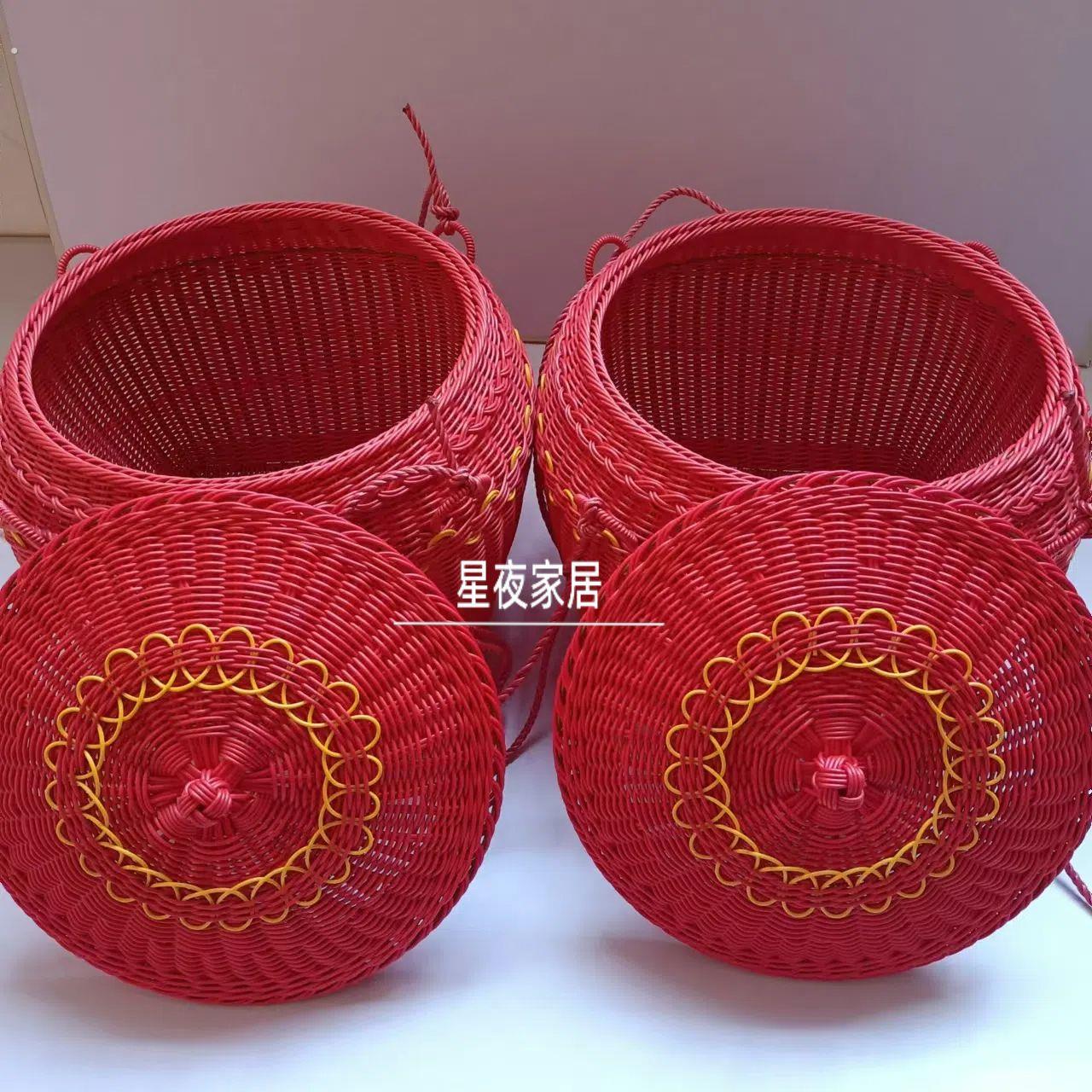 喜事婚庆箩筐新款大号仿竹藤编手工特色带盖收纳储物篮子祝福送礼