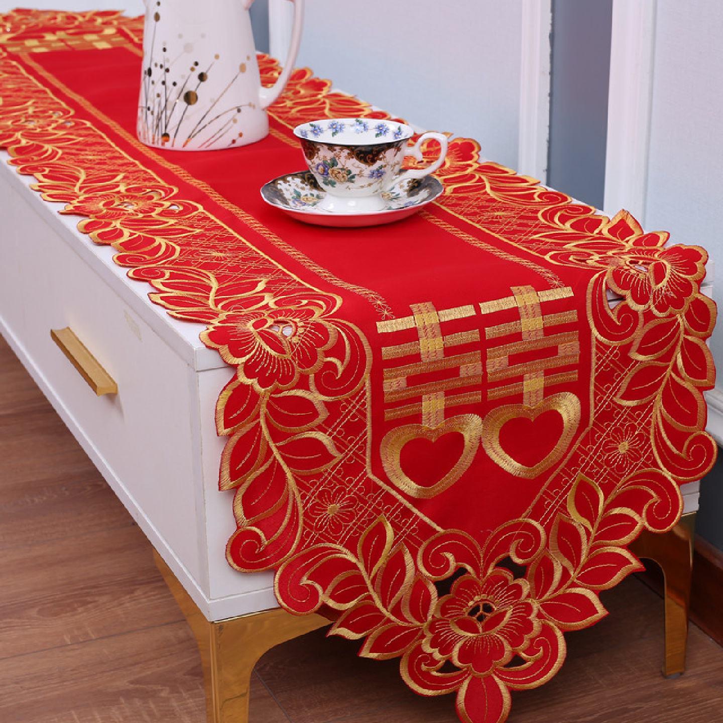 桌旗红色结婚喜庆长条茶几桌布婚房装扮餐桌桌旗婚庆大红色盖布巾