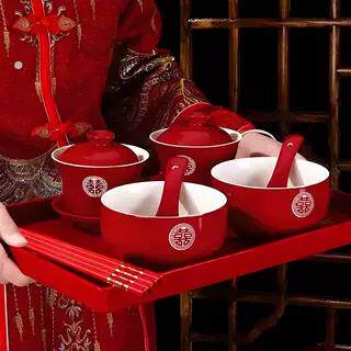 喜庆敬茶杯陶瓷喜碗一对结婚陪嫁敬茶套装跪垫改口敬酒茶杯婚庆用