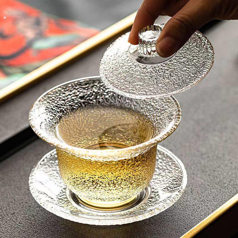 玻璃盖碗三件套茶碗功夫茶具玻璃公道杯加厚耐热泡茶碗带盖子子