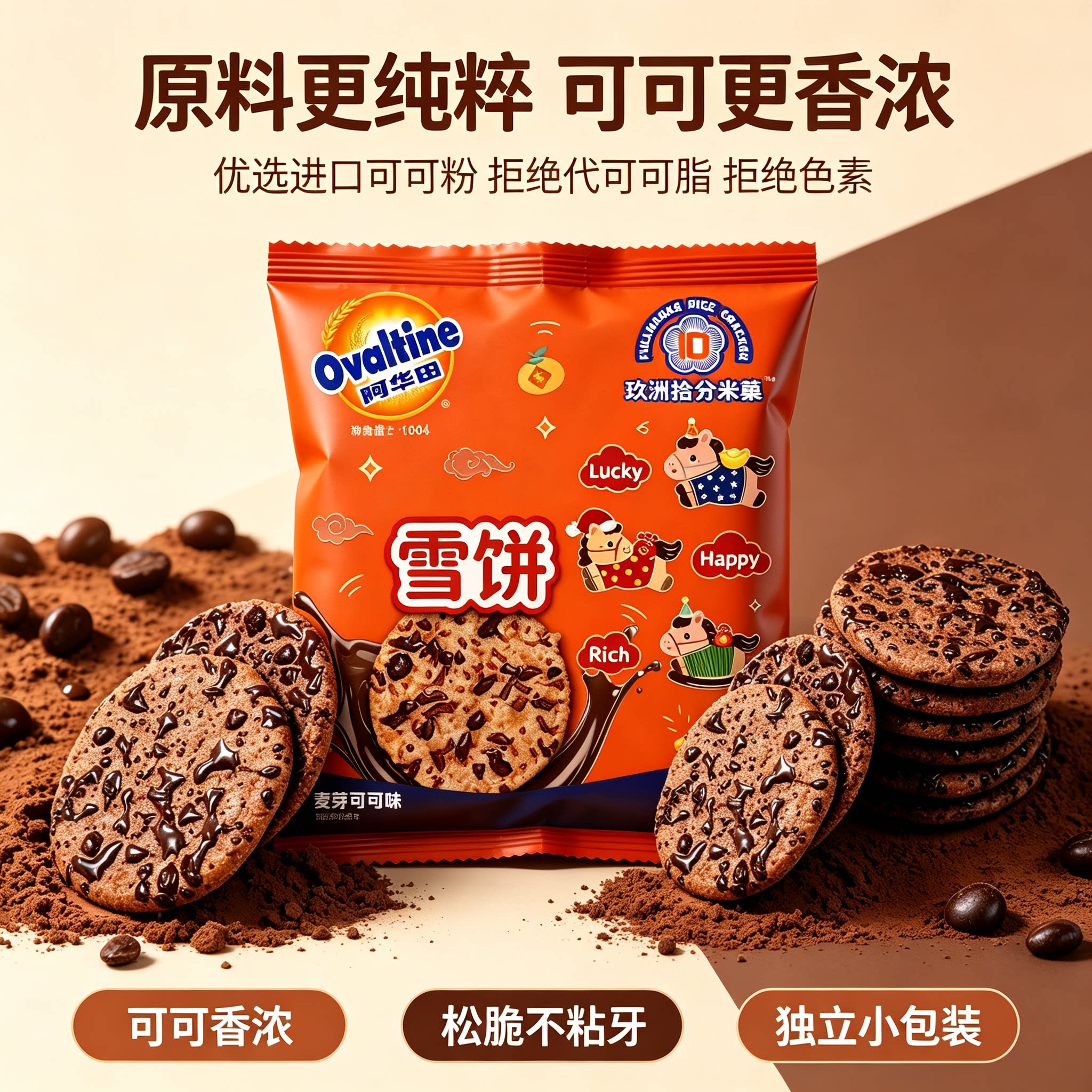 阿华田可可雪饼玖洲拾分米饼膨化饼干健康非油炸零食下午茶点心