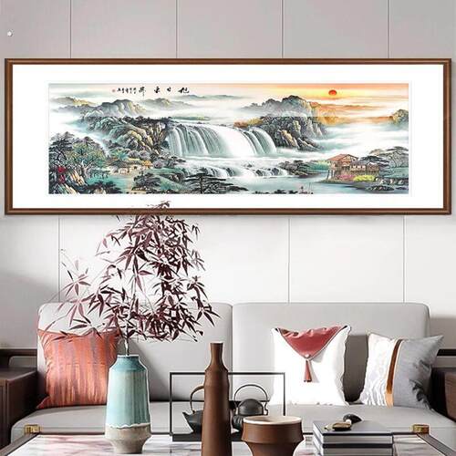 流水生财山水画客厅茶室茶台装饰画老板办公室沙发中式挂画靠山图