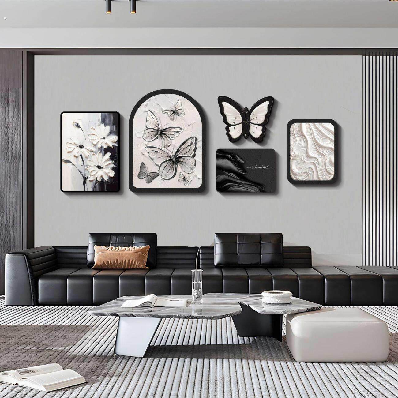 现代五联抽象客厅装饰画高级沙发背景墙挂画法式艺术组合大气壁画