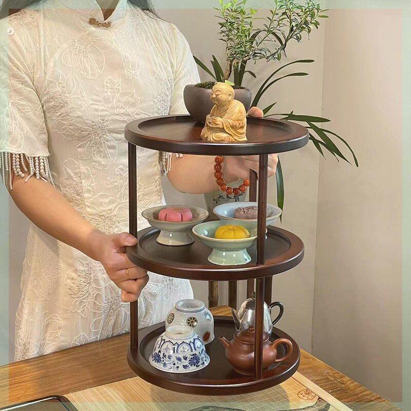 高山楠竹手工博古架茶具收纳架点心架子可旋转茶壶架多层三层果盘