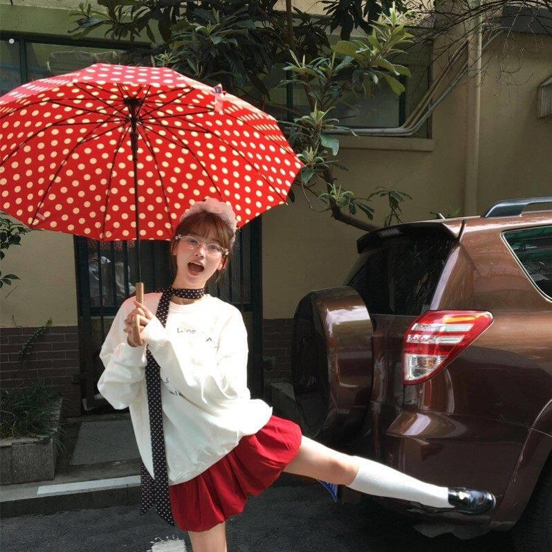 红色波点雨伞复古港风高颜值氛围感长柄伞加粗12骨加大加厚弯柄伞