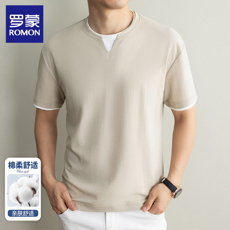 罗蒙亚麻短袖T恤男夏季2026新款中年爸爸装圆领冰丝体恤休闲上衣