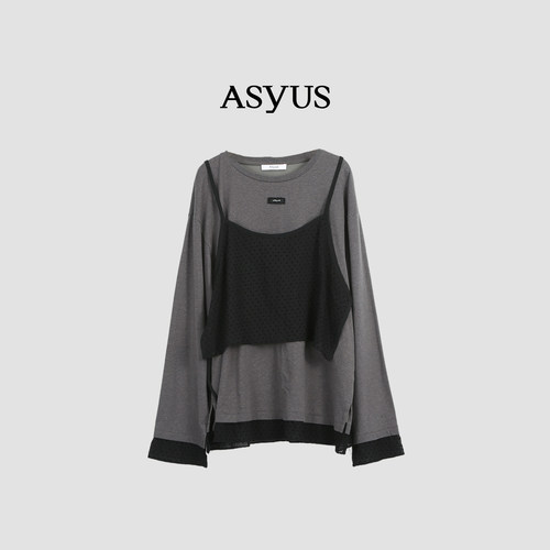 ASYUS设计师品牌 冬季宽松撞色柔软舒适T恤+吊带假两件女款T恤
