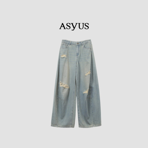 【新品】 ASYUS 2026夏季新款 女装破洞蕾丝牛仔裤弯刀裤