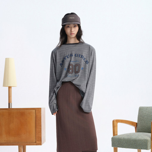 【新品】ASYUS 2026夏季 女装美丽奴羊毛条纹印花垫肩长袖T恤