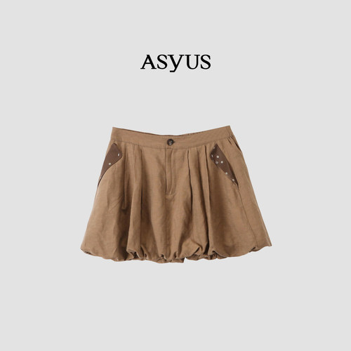 【新品】ASYUS 2026夏季 女装亚麻花苞拼接短裙复古百搭半身裙