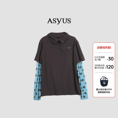 ASYUS设计师品牌 冬季简约撞色假两件时尚波点长袖T恤