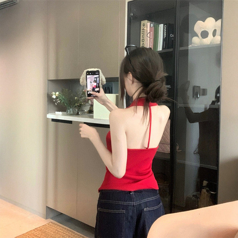 纯欲辣妹蓝色挂颈针织吊带背心女夏季修身遮副乳外穿无袖露背上衣
