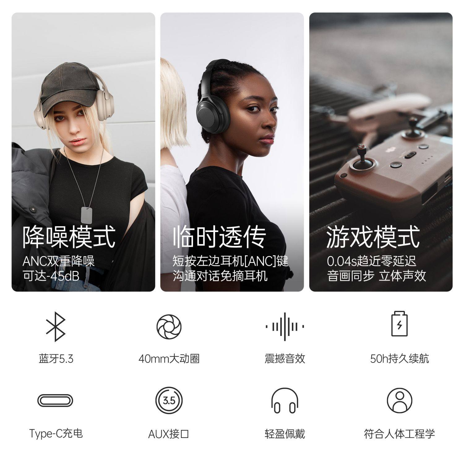 外贸经典爆款ANC双馈主动降噪音蓝牙头戴式耳机插线两用电脑耳麦