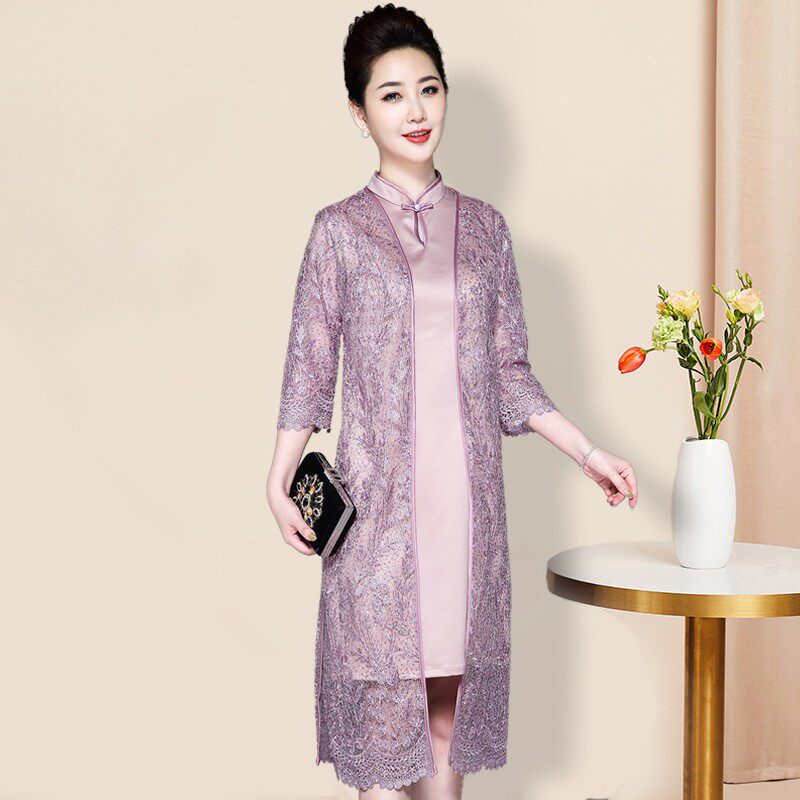 春秋新款中国风两件套真丝香云缎背心裙+网纱刺绣外衫套装