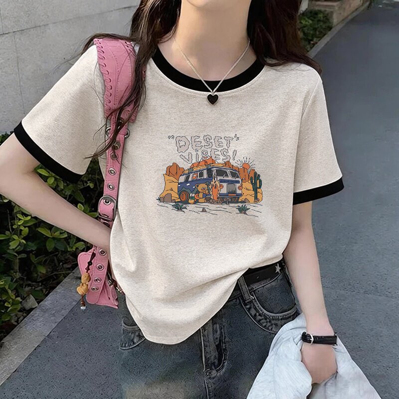 夏季流行款爆款棉质正肩拼色短袖T恤女百搭减龄显瘦浅花灰色上衣