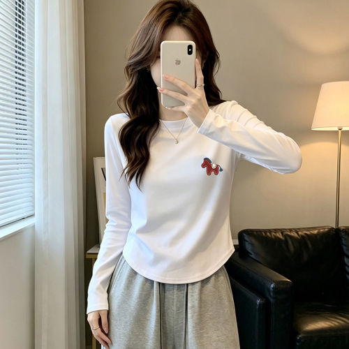 棉质白色长袖T恤女秋装2026新款欧货修身显瘦休闲打底衫印花上衣
