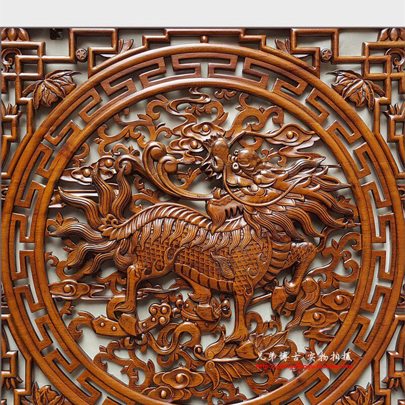 东阳木雕挂件壁饰 仿古木雕画 背景墙壁挂隔断定做 麒麟120X80CM