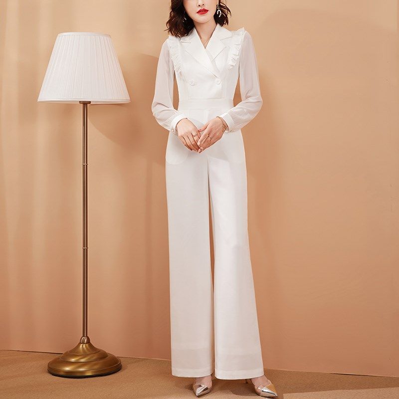 美妃雅白色高级感长袖西装连体裤气质女神范洋气时尚阔腿裤套装女