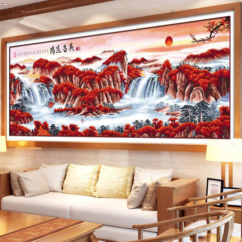2021年新款绣鸿运当头十字绣成品流水生财客厅山水画已绣好的出售