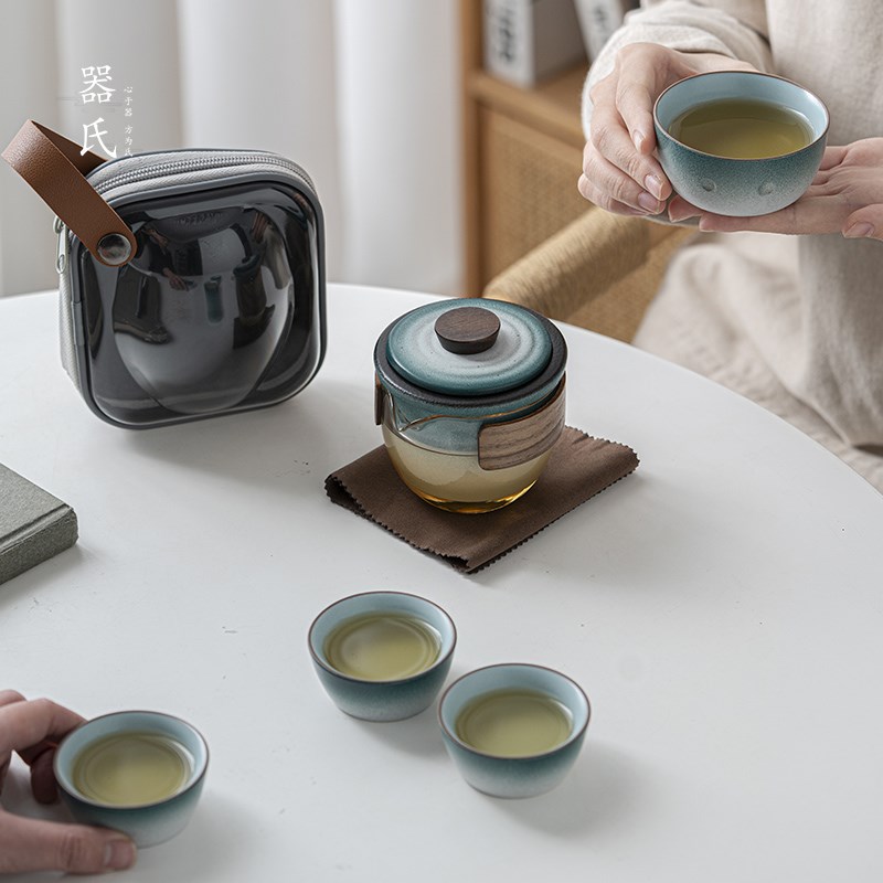 器氏高端旅行茶具套装便携式陶瓷快客杯一壶三杯户外茶具收纳包