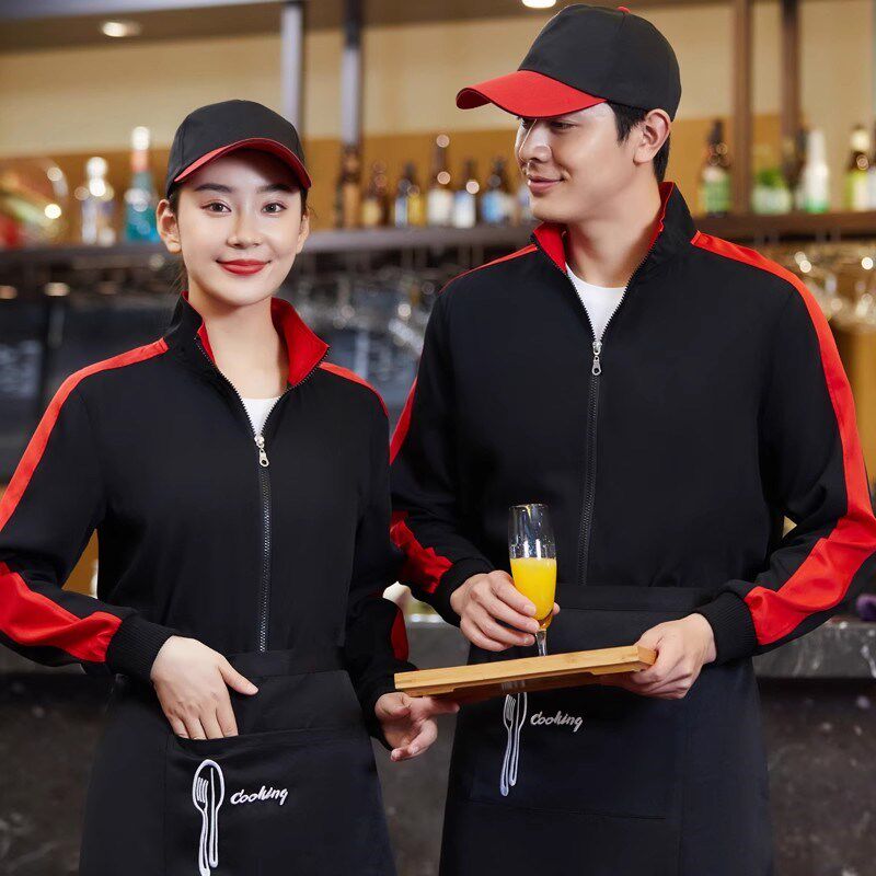 餐饮服务员工作服长袖冬装夹棉外套食堂快餐厅烧烤火锅店加绒卫衣