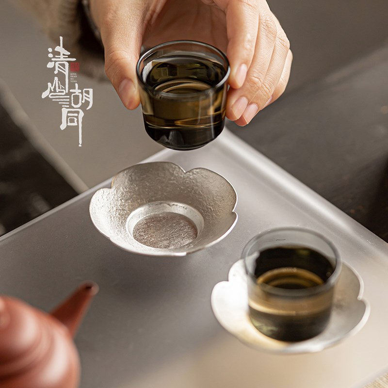 清山胡同手工锡制茶杯垫杯托中式复古防烫隔热垫功夫茶具茶道配件