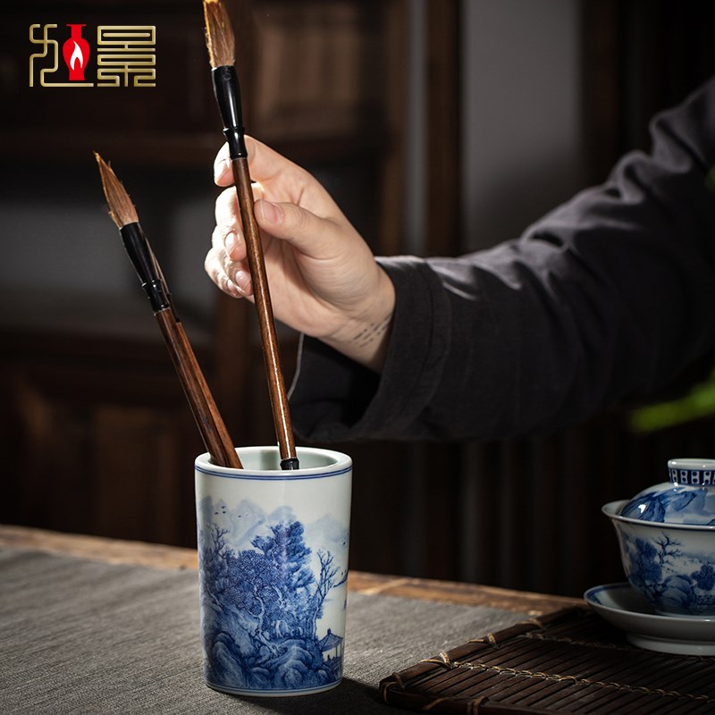 景德镇陶瓷笔筒锺家窑柴窑青花仿古办公室毛笔收纳筒摆件高档礼品