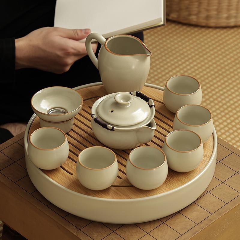 米黄汝窑大号盖碗茶杯防烫单个泡茶不烫手手抓壶茶碗高端茶具套装