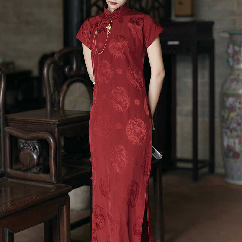 延绪红色古法旗袍敬酒服一片式小个子新娘中式婚礼订婚礼服连衣裙