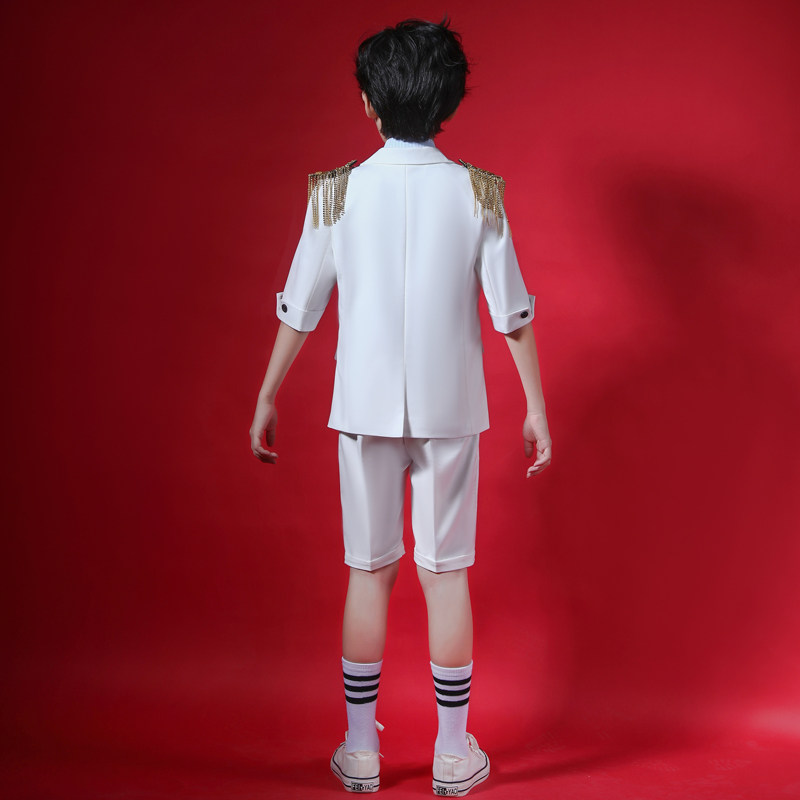 男童短袖西服白色舞台走秀西装花童生日礼服主持人钢琴演出服夏季