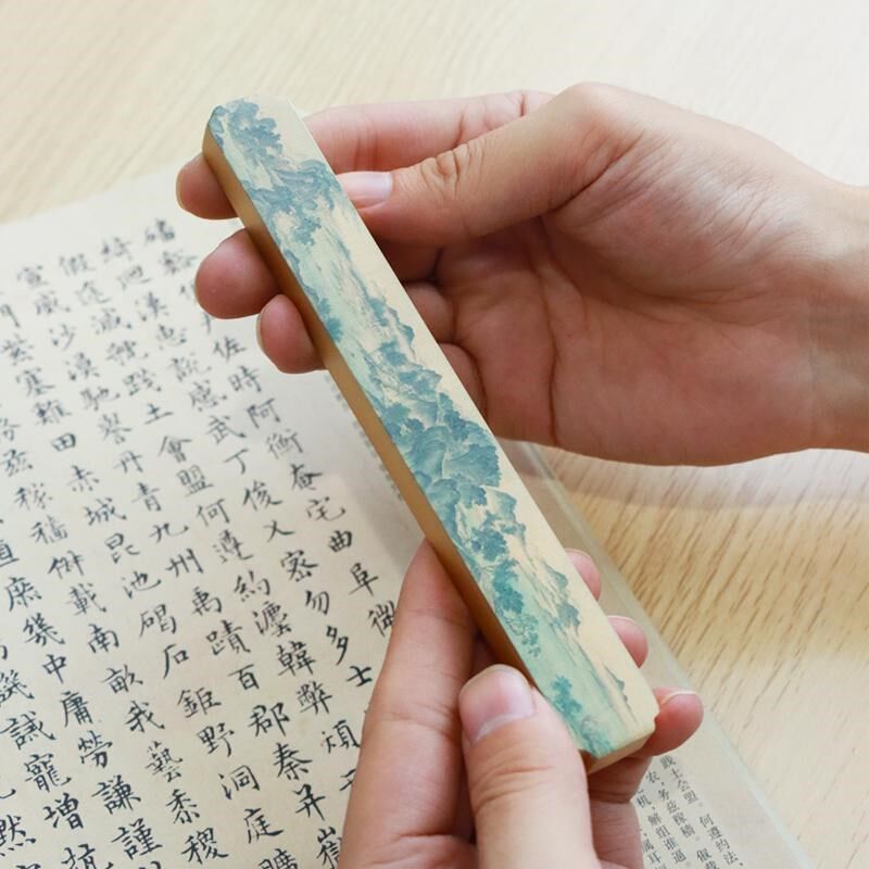 彩绘湖山春暖实心黄铜镇纸压纸书画书法镇风铜尺黄铜文房四宝摆件