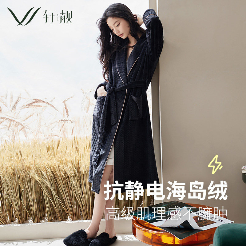 轩靓睡袍女秋冬季加绒加厚长袖海岛绒睡衣珊瑚绒浴袍春秋款家居服